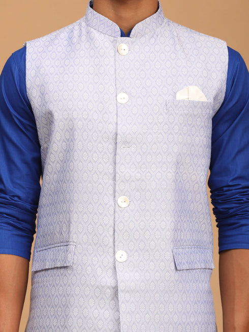 Vastramay Men's Lavender Jacquard Nehru Jacket with Kurta Pyjama Set